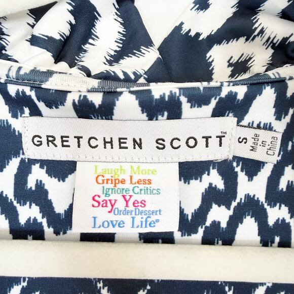 Gretchen Scott Jersey Ruffneck Dress Navy & White Arabesque Pattern Womens Small - Picture 9 of 12